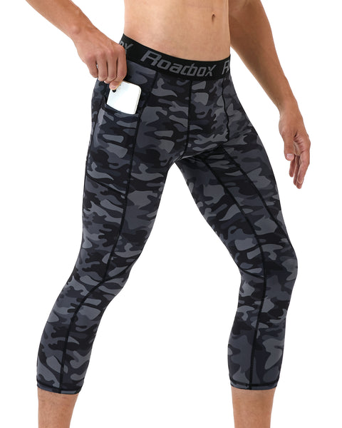 Roadbox 3/4 Compression Pants Mens with Pockets Running Base Layer Legging Tights Athletic