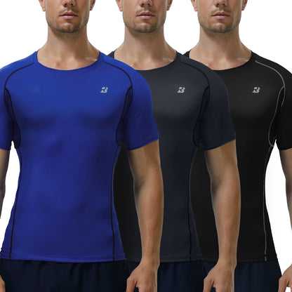 Roadbox 3 Pack Men's Cool Dry Compression Shirt, Underarm Mesh Sports Tops For Gym Outdoor Athletic