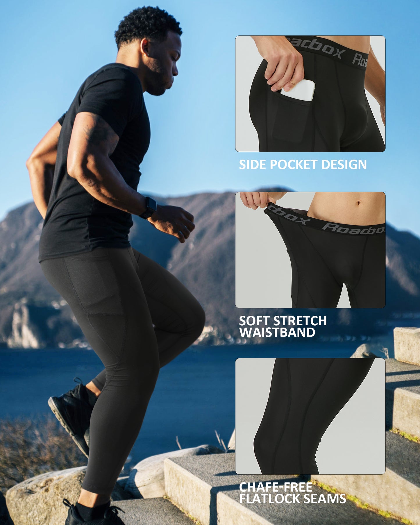 Roadbox 3 Pack Men's Compression Pants Base Layer Tights Leggings