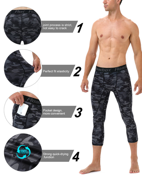 Roadbox 3/4 Compression Pants Mens with Pockets Running Base Layer Legging Tights Athletic