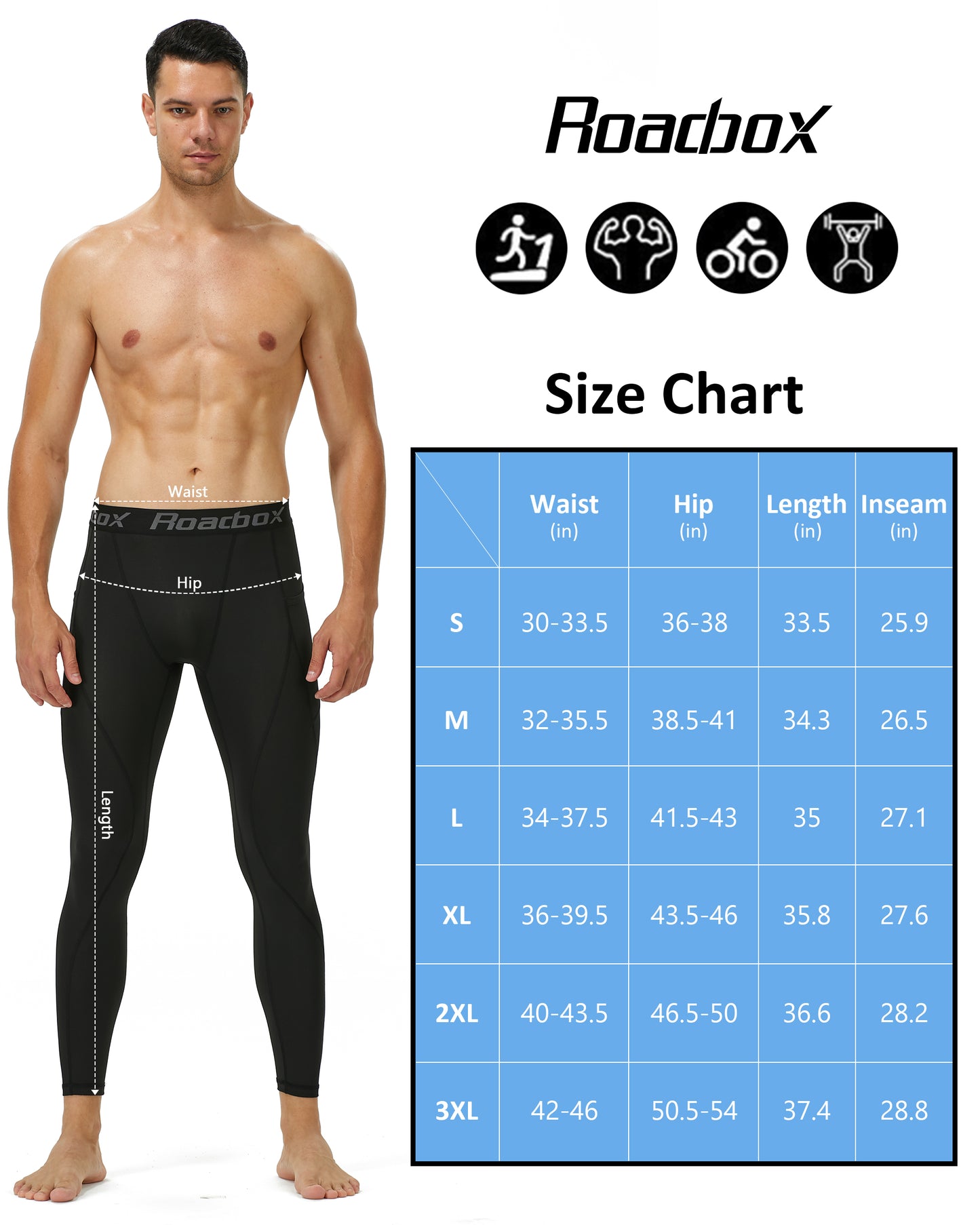 Roadbox 2 Pack Mens Compression Pants Base Layer Cycling Workout Sports Tights Leggings with Pocket