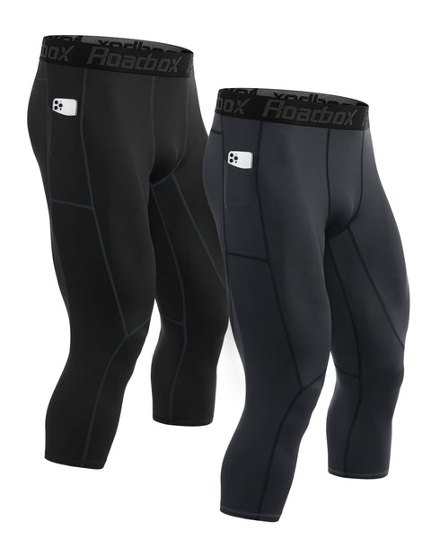 Roadbox 3/4 Compression Pants Mens with Pockets Running Base Layer Legging Tights Athletic